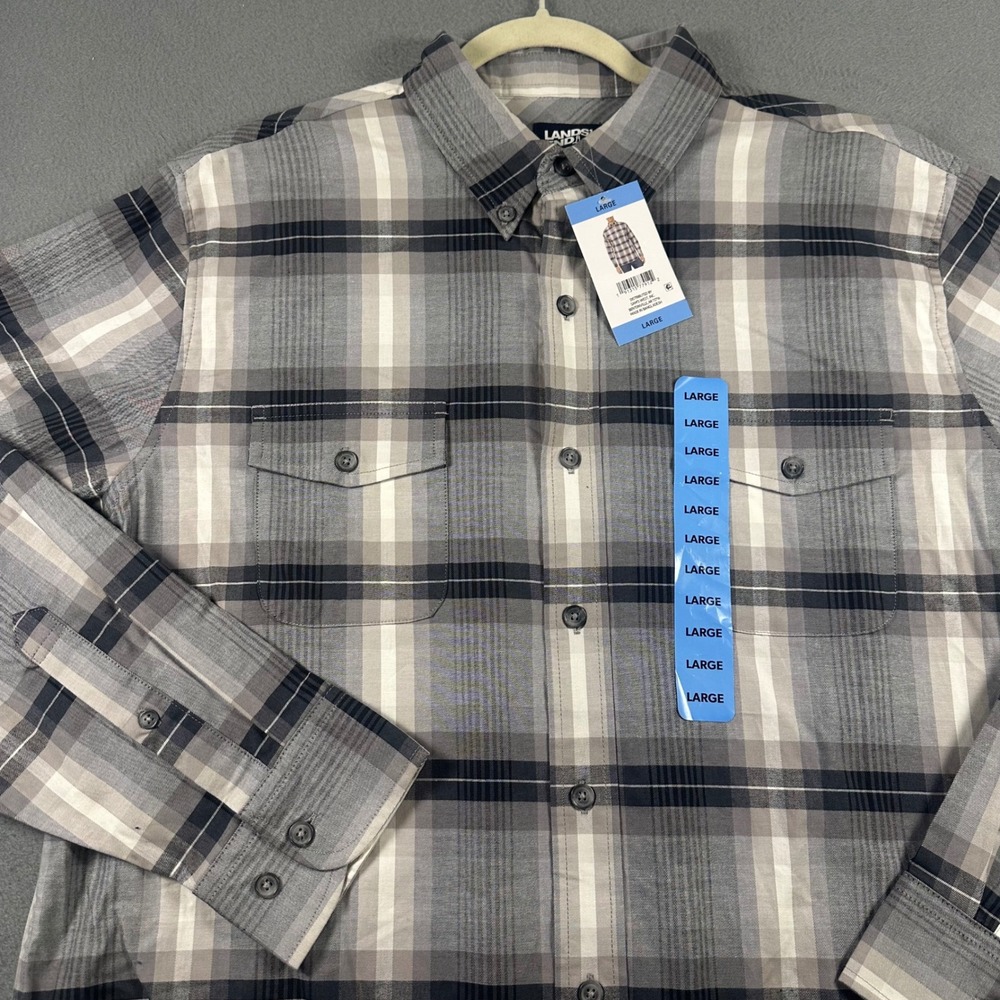 Lands End Mens Large Grey Plaid Button Down Shirt Traditional Fit 501914 NWT